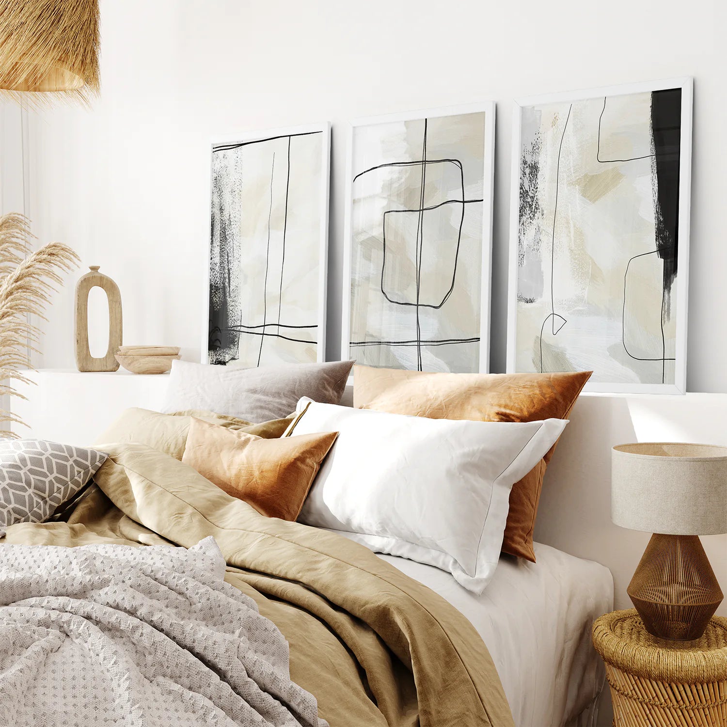 Black and Beige Minimalist Set of 3 Pieces. Nordic Abstract Style. White Frame. Bedroom
