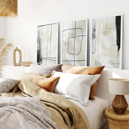 Black and Beige Minimalist Set of 3 Pieces. Nordic Abstract Style. White Frame. Bedroom