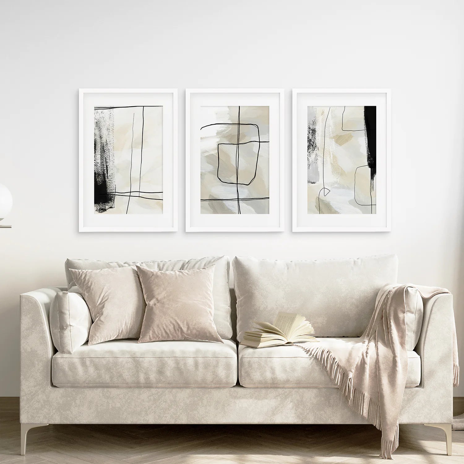 Black and Beige Minimalist Set of 3 Pieces. Nordic Abstract Style. White Frame with Mat. Living Roon