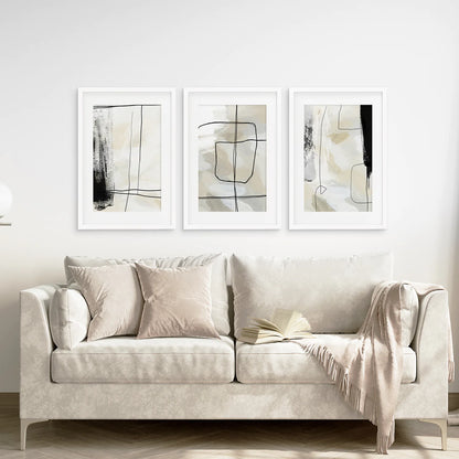 Black and Beige Minimalist Set of 3 Pieces. Nordic Abstract Style. White Frame with Mat. Living Roon