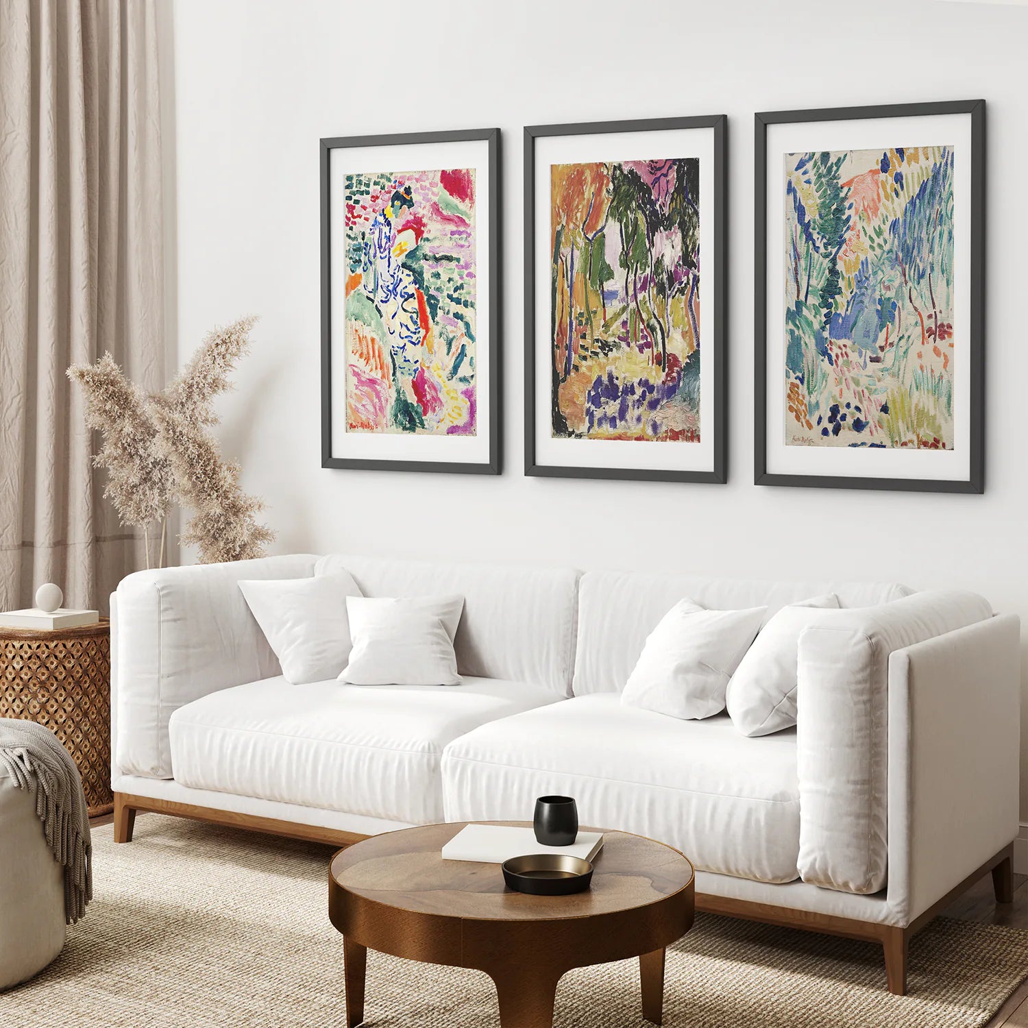 Japanese Garden Set of 3 Posters. Abstract Eclectic Art. Black Frame with Mat. Living Room
