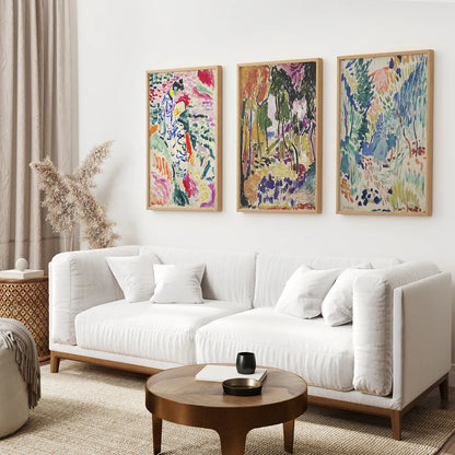 Japanese Garden Set of 3 Posters. Abstract Eclectic Art. Thinwood Frame. Living Room