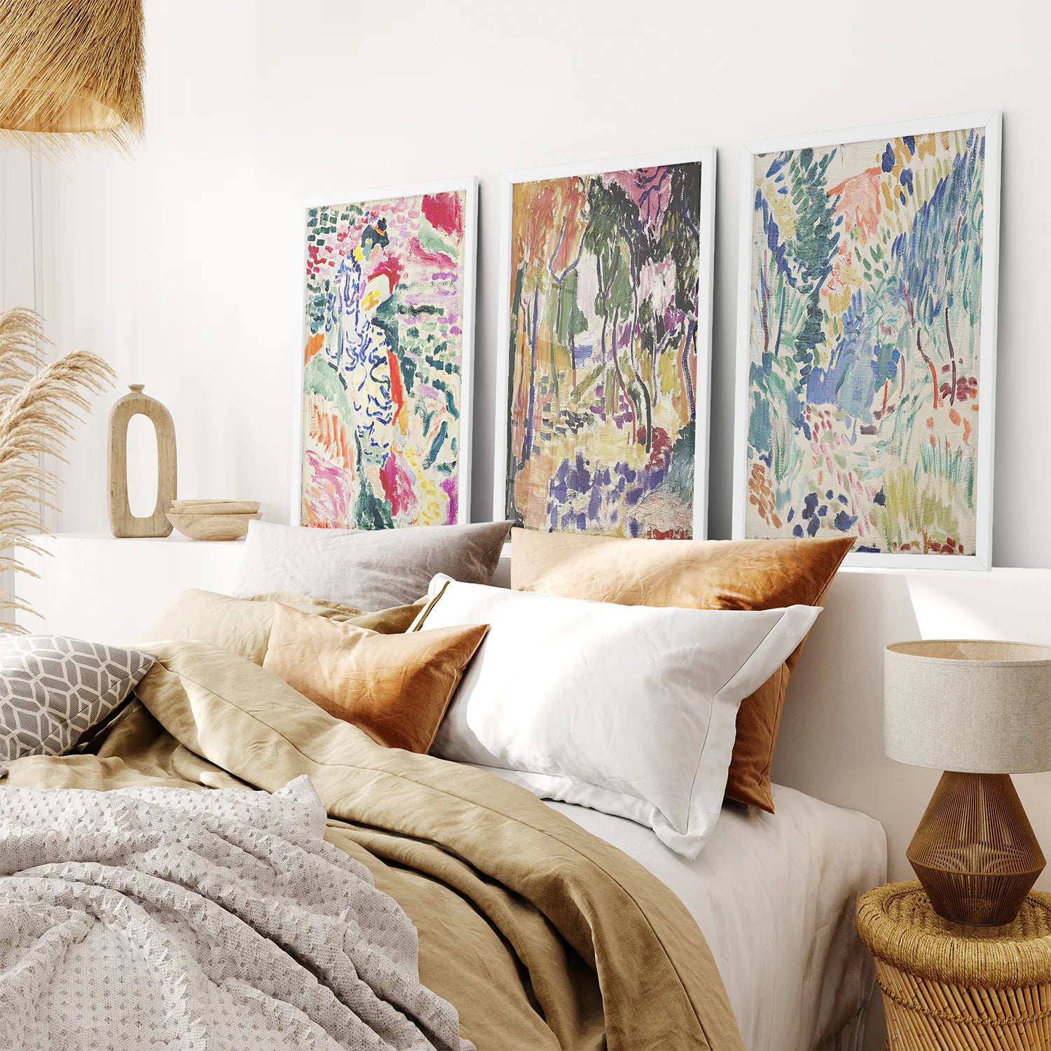 Japanese Garden Set of 3 Posters. Abstract Eclectic Art. White Frame. Bedroom
