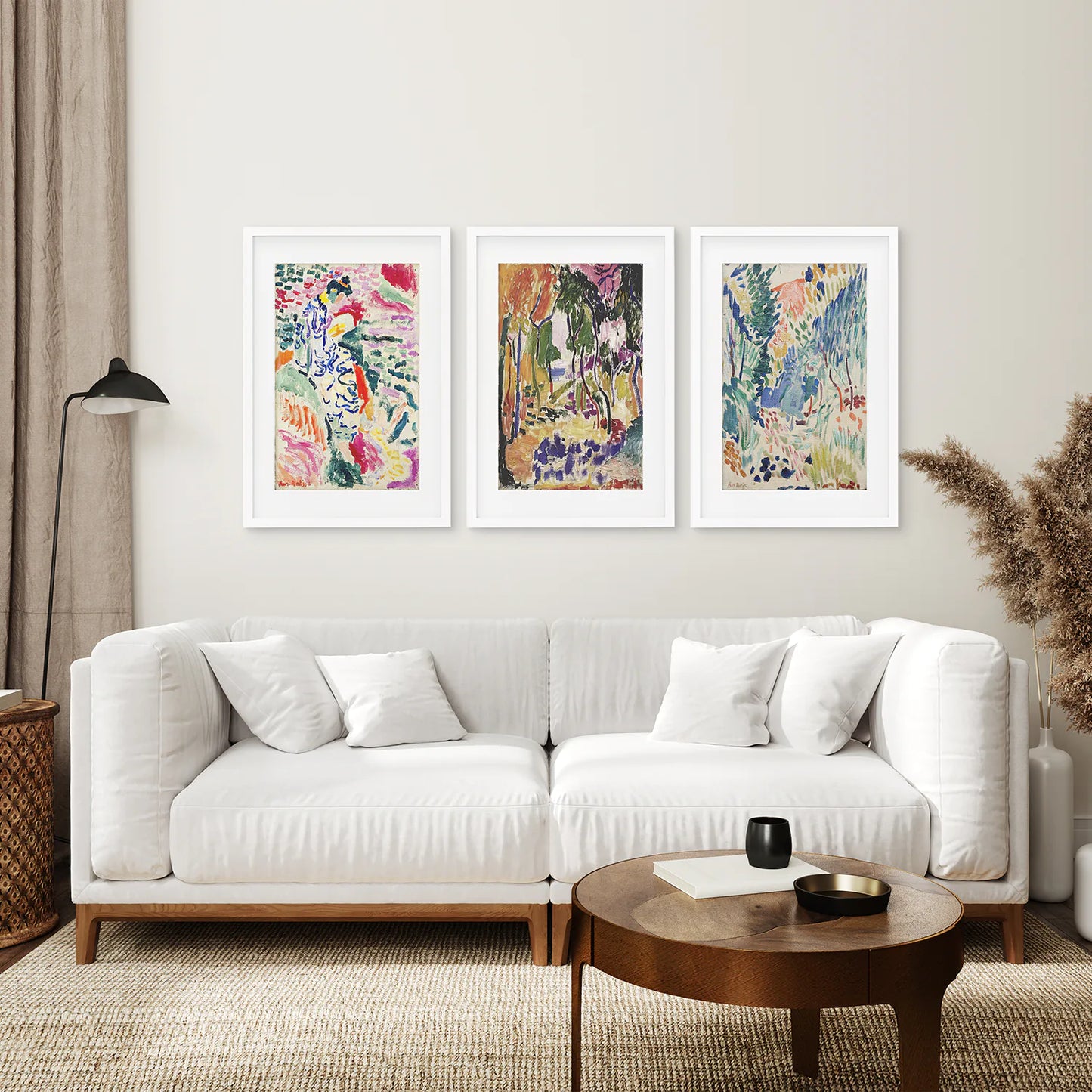 Japanese Garden Set of 3 Posters. Abstract Eclectic Art. White Frame with Mat. Living Room