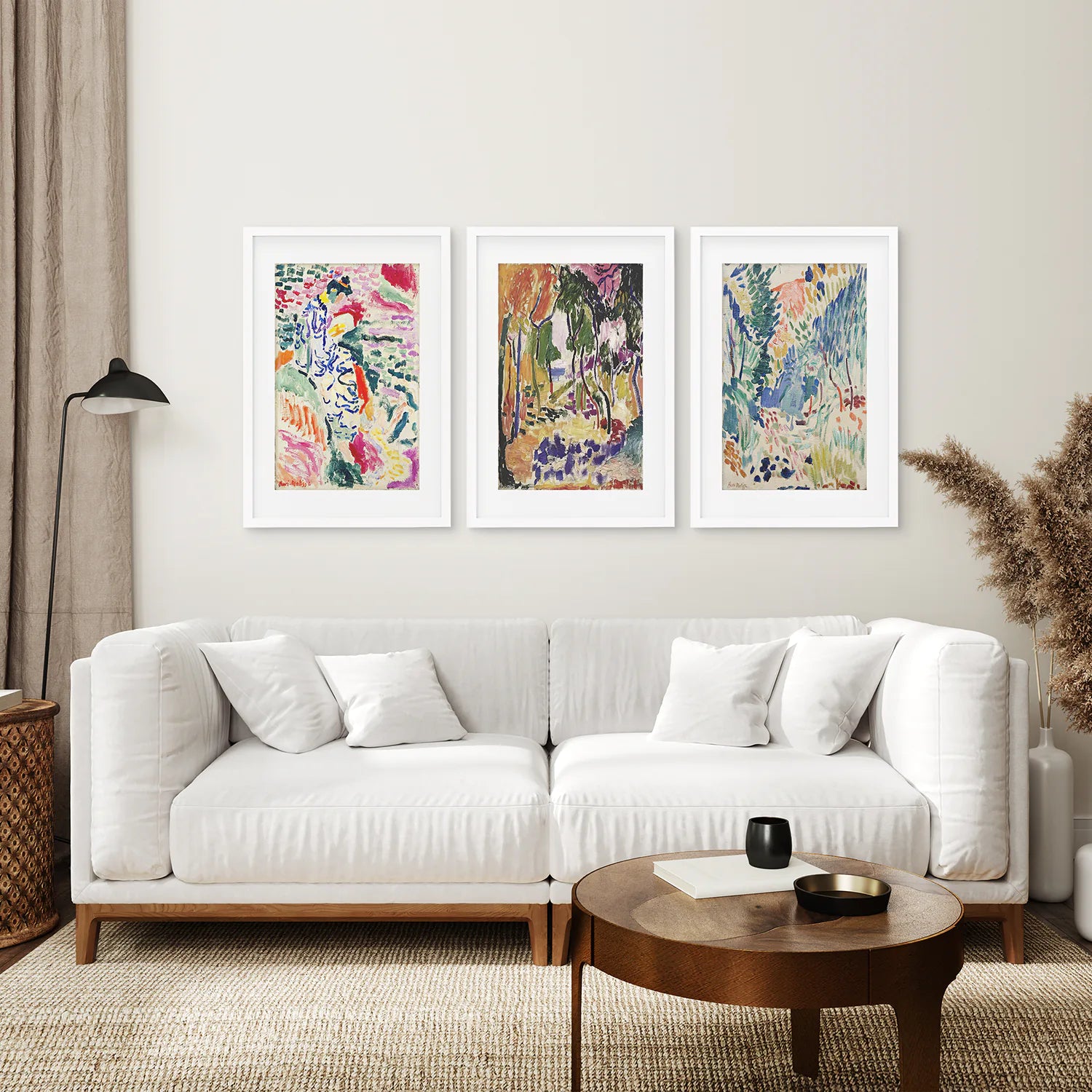 Japanese Garden Set of 3 Posters. Abstract Eclectic Art. White Frame with Mat. Living Room