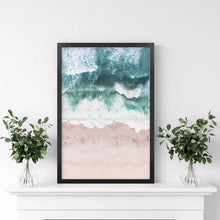 Load image into Gallery viewer, Aerial Coastal Ocean Wall Decor. Pink Beach, Blue Waves. Black Frame
