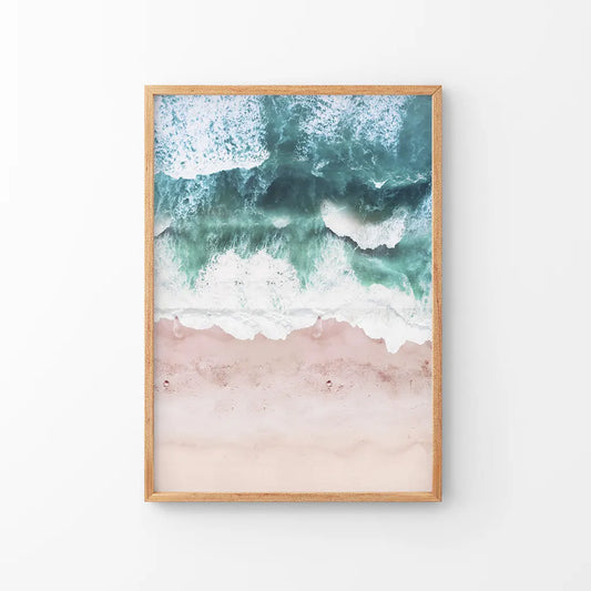 Aerial Coastal Ocean Wall Decor. Pink Beach, Blue Waves. Thin Wood Frame