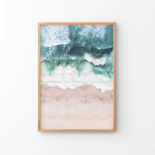 Load image into Gallery viewer, Aerial Coastal Ocean Wall Decor. Pink Beach, Blue Waves. Thin Wood Frame
