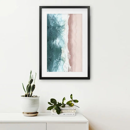 Ocean Aerial Print. Neutral Pink Beach, Blue Waves. Black Frame with Mat