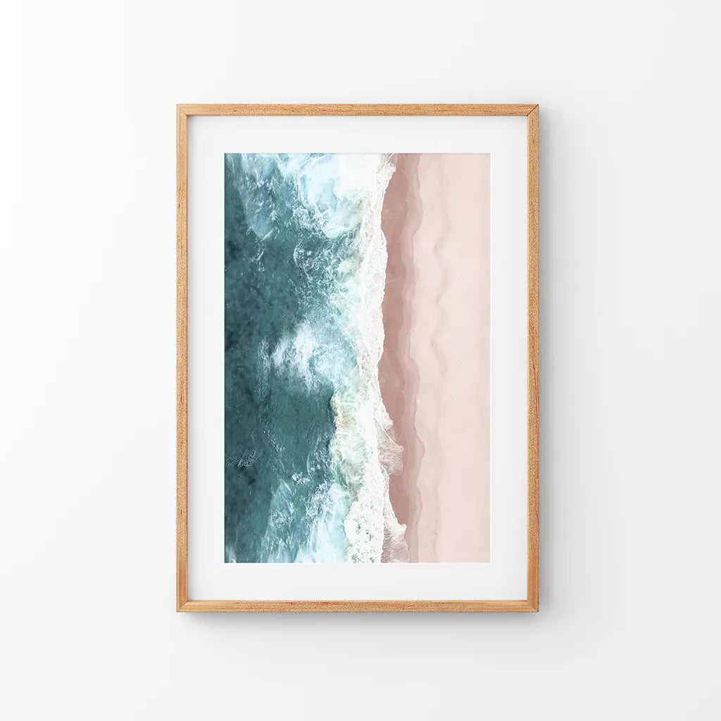 Ocean Aerial Print. Neutral Pink Beach, Blue Waves. Thin Wood Frame with Mat