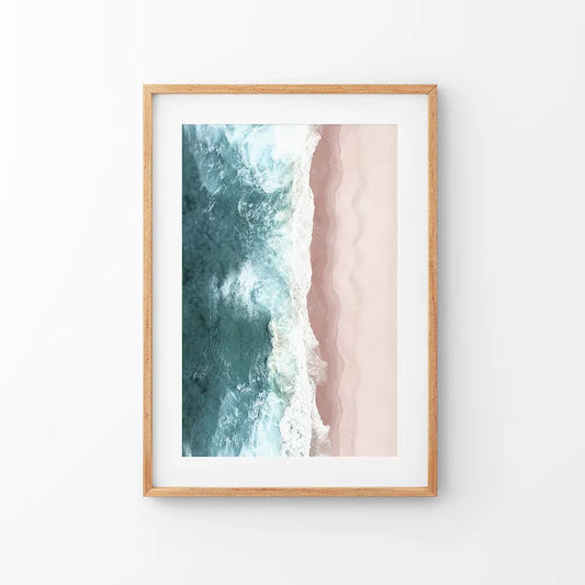 Ocean Aerial Print. Neutral Pink Beach, Blue Waves. Thin Wood Frame with Mat