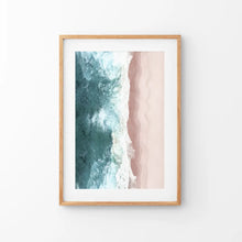 Load image into Gallery viewer, Ocean Aerial Print. Neutral Pink Beach, Blue Waves. Thin Wood Frame with Mat
