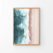 Load image into Gallery viewer, Ocean Aerial Print. Neutral Pink Beach, Blue Waves. Thin Wood Frame

