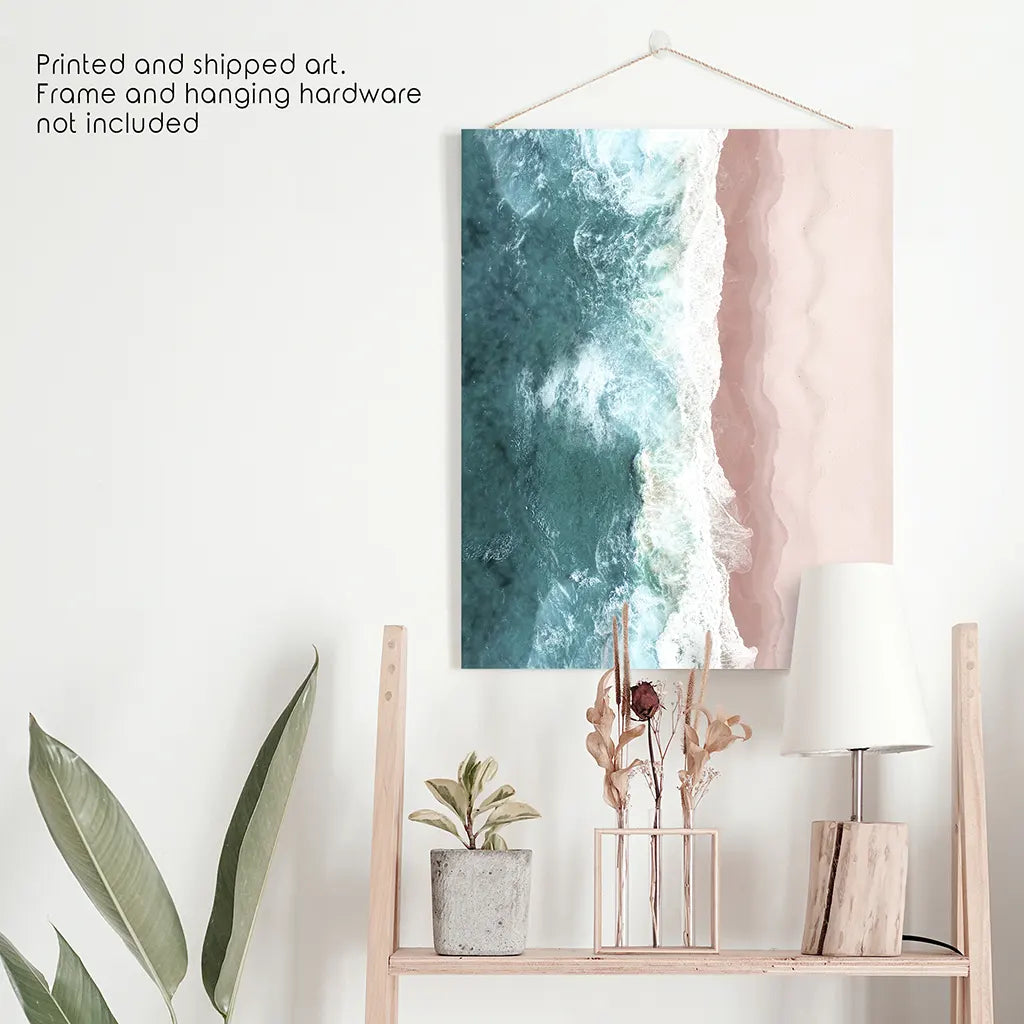 Ocean Aerial Print. Neutral Pink Beach, Blue Waves. Unframed Print