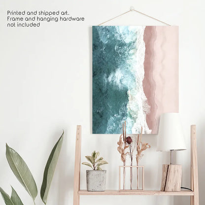 Ocean Aerial Print. Neutral Pink Beach, Blue Waves. Unframed Print