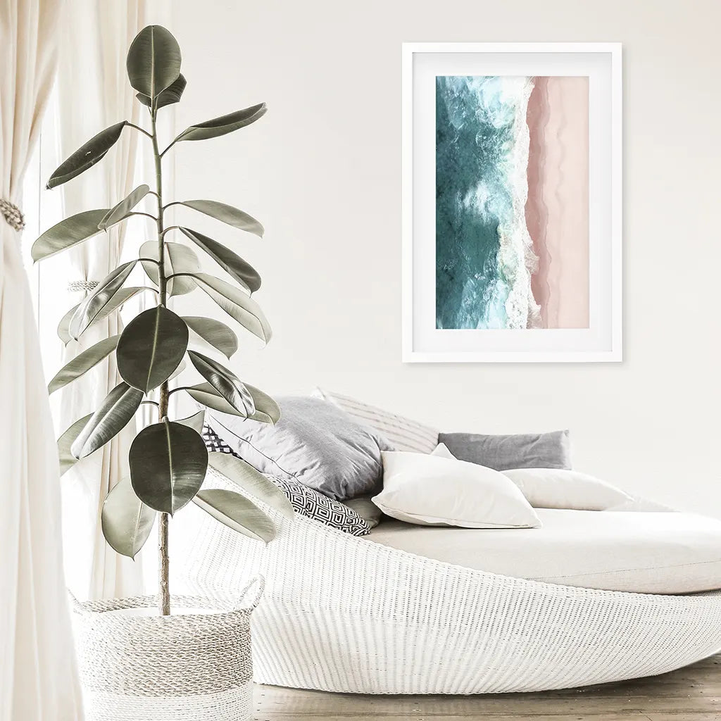 Ocean Aerial Print. Neutral Pink Beach, Blue Waves. White Frame with Mat