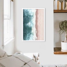 Load image into Gallery viewer, Ocean Aerial Print. Neutral Pink Beach, Blue Waves. White Frame

