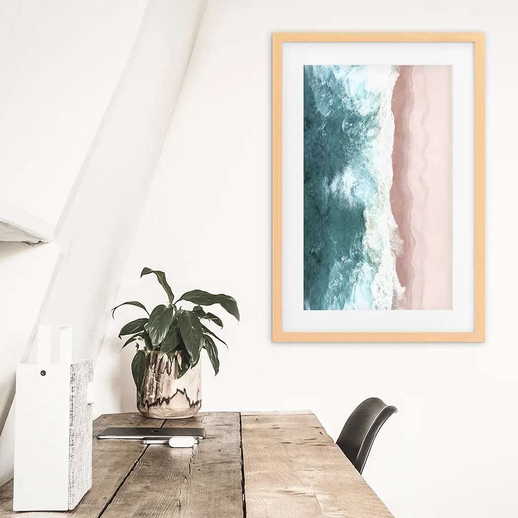Ocean Aerial Print. Neutral Pink Beach, Blue Waves. Wood Frame with Mat