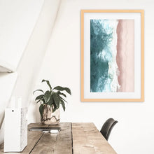 Load image into Gallery viewer, Ocean Aerial Print. Neutral Pink Beach, Blue Waves. Wood Frame with Mat
