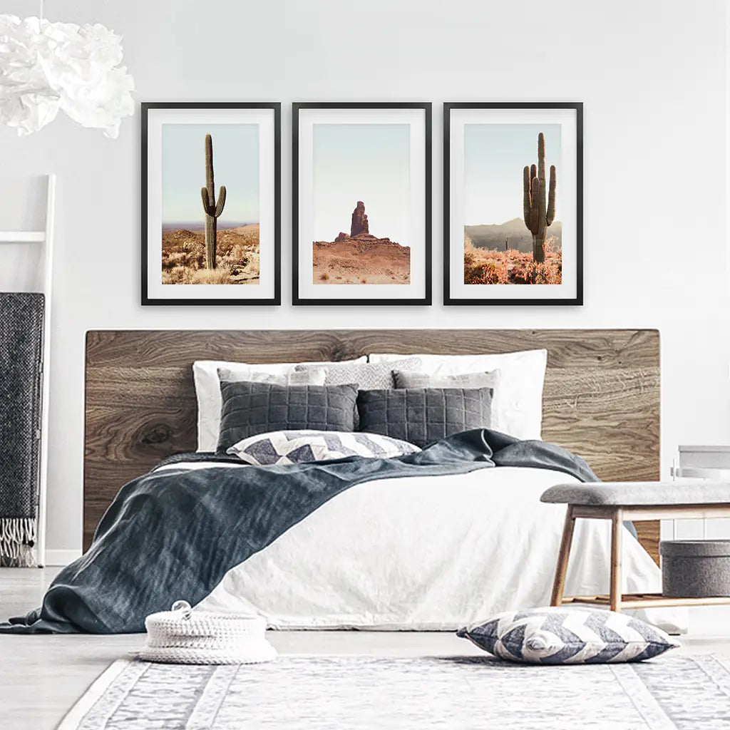 Sedona Red Rocks Arizona Nature Wall Art Set of 3 Prints with Cacti in the Desert. Black Frames with Mat