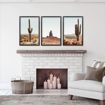 Sedona Red Rocks Arizona Nature Wall Art Set of 3 Prints with Cacti in the Desert. Black Frames