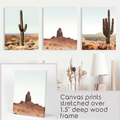 Sedona Red Rocks Arizona Nature Wall Art Set of 3 Prints with Cacti in the Desert. Wrapped Canvas