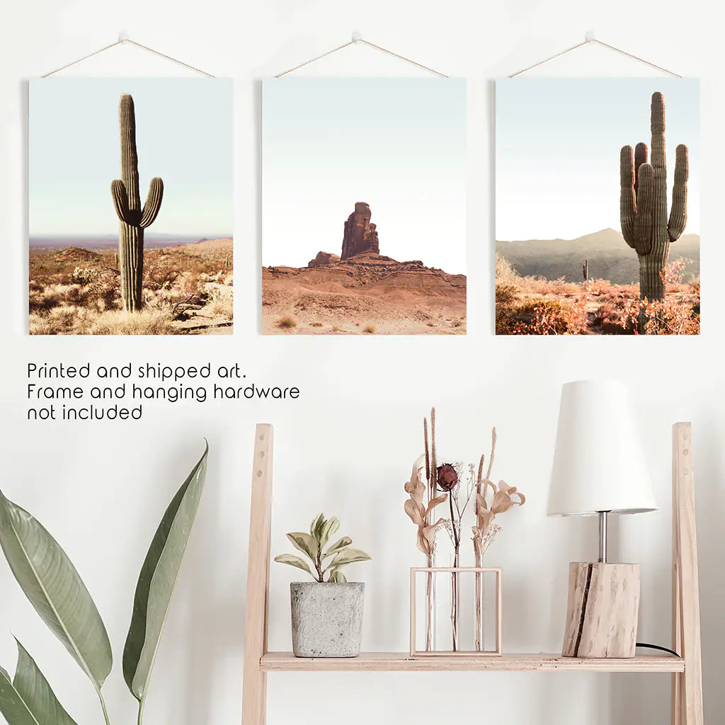 Sedona Red Rocks Arizona Nature Wall Art Set of 3 Prints with Cacti in the Desert. Unframed Photography