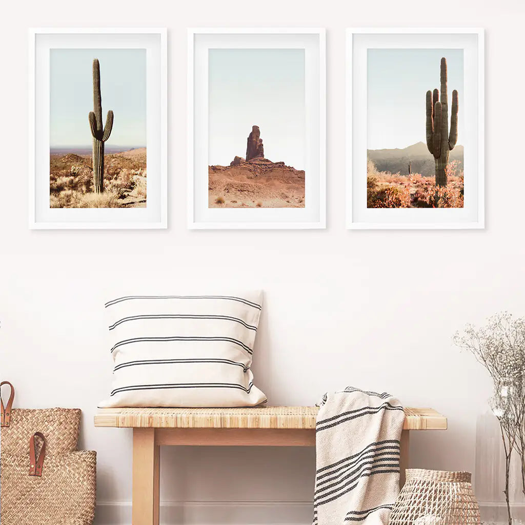 Sedona Red Rocks Arizona Nature Wall Art Set of 3 Prints with Cacti in the Desert. White Frames with Mat