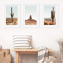 Load image into Gallery viewer, Sedona Red Rocks Arizona Nature Wall Art Set of 3 Prints with Cacti in the Desert. White Frames with Mat
