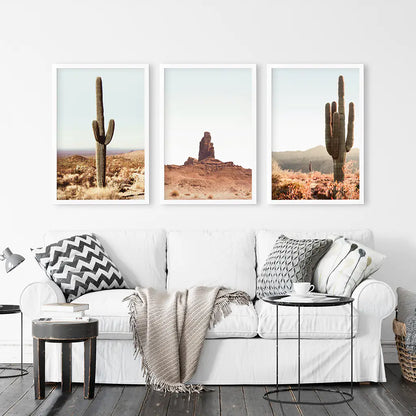 Sedona Red Rocks Arizona Nature Wall Art Set of 3 Prints with Cacti in the Desert. White Frames
