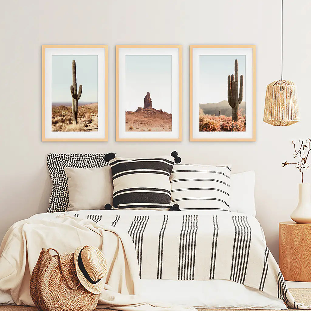 Sedona Red Rocks Arizona Nature Wall Art Set of 3 Prints with Cacti in the Desert. Wood Frames with Mat