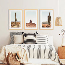 Load image into Gallery viewer, Sedona Red Rocks Arizona Nature Wall Art Set of 3 Prints with Cacti in the Desert. Wood Frames with Mat
