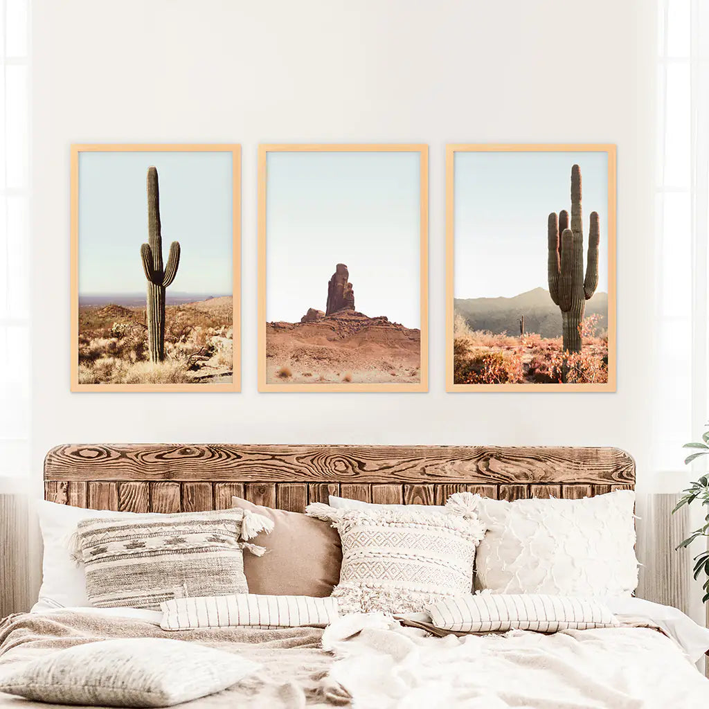 Sedona Red Rocks Arizona Nature Wall Art Set of 3 Prints with Cacti in the Desert. Wood Frames