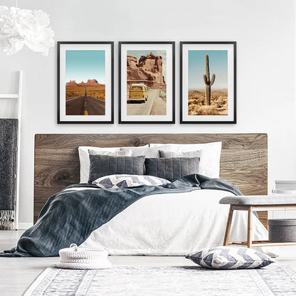 Arizona Desert Travel Art. Grand Canyon, Retro Van, Cactus