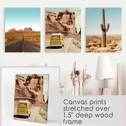 Arizona Desert Travel Art. Grand Canyon, Retro Van, Cactus