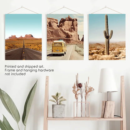 Arizona Desert Travel Art. Grand Canyon, Retro Van, Cactus