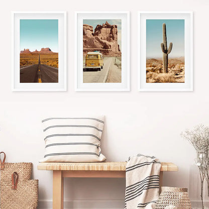 Arizona Desert Travel Art. Grand Canyon, Retro Van, Cactus