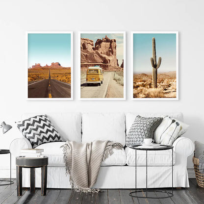 Arizona Desert Travel Art. Grand Canyon, Retro Van, Cactus