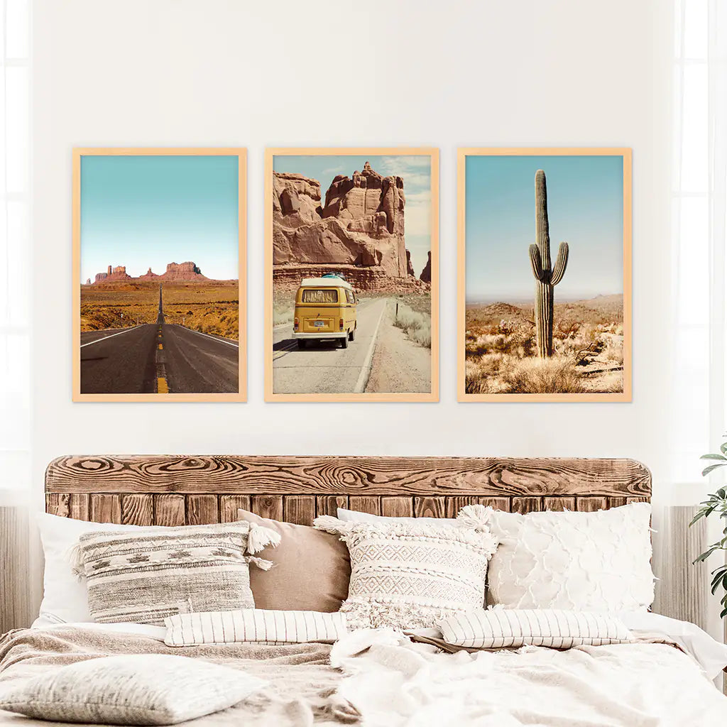 Arizona Desert Travel Art. Grand Canyon, Retro Van, Cactus