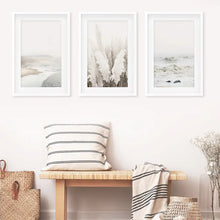 Load image into Gallery viewer, Art Print Set. Beige Ocean Beach, Pampas Grass. White Frames with Mat
