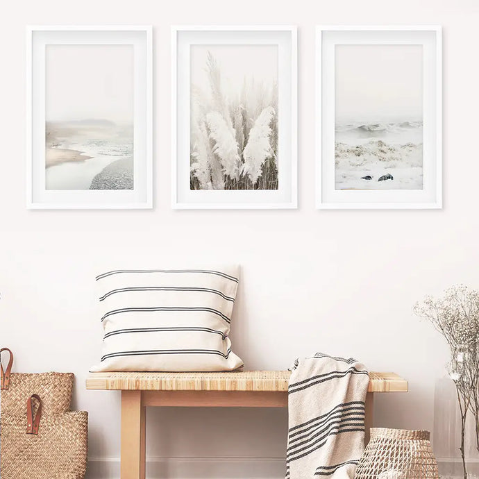 Art Print Set. Beige Ocean Beach, Pampas Grass. White Frames with Mat