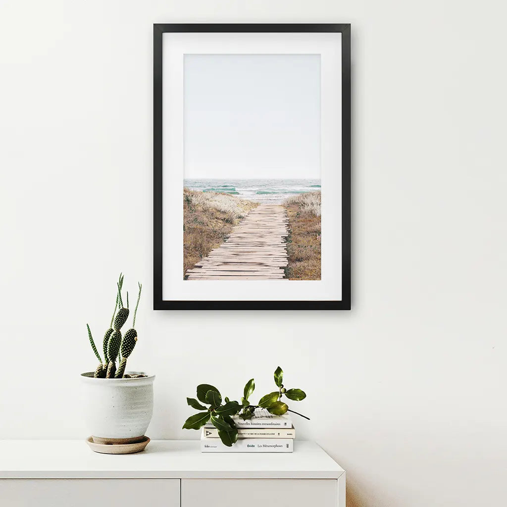 Pastel Beach Pathway Wall Decor. Modern Boho. Black Frame with Mat