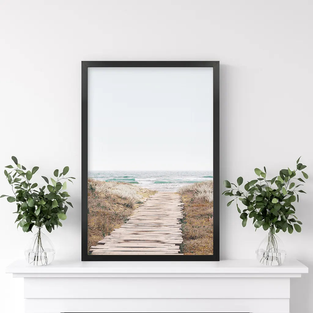 Pastel Beach Pathway Wall Decor. Modern Boho. Black Frame