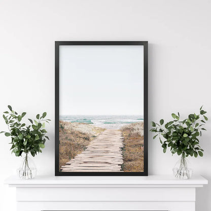 Pastel Beach Pathway Wall Decor. Modern Boho. Black Frame