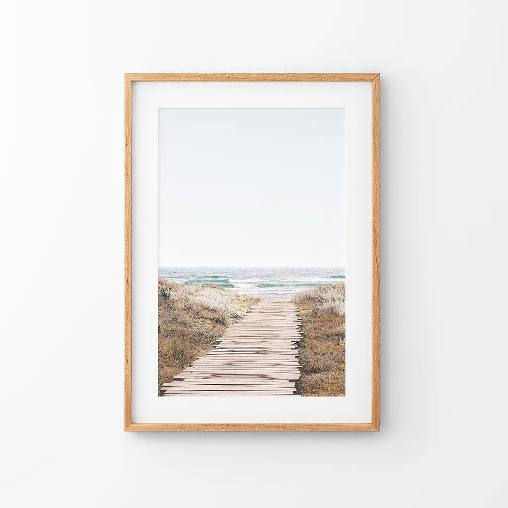 Pastel Beach Pathway Wall Decor. Modern Boho. Thin Wood Frame with Mat