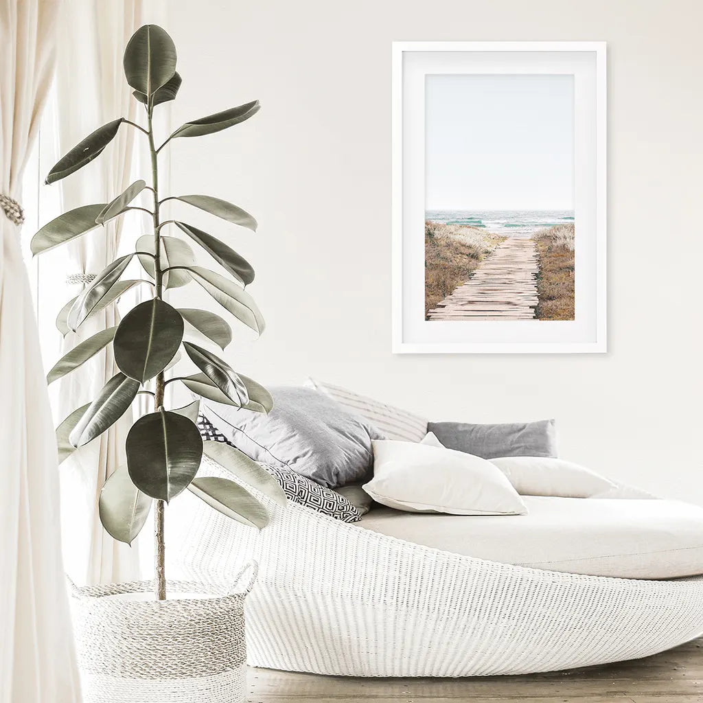 Pastel Beach Pathway Wall Decor. Modern Boho. White Frame with Mat