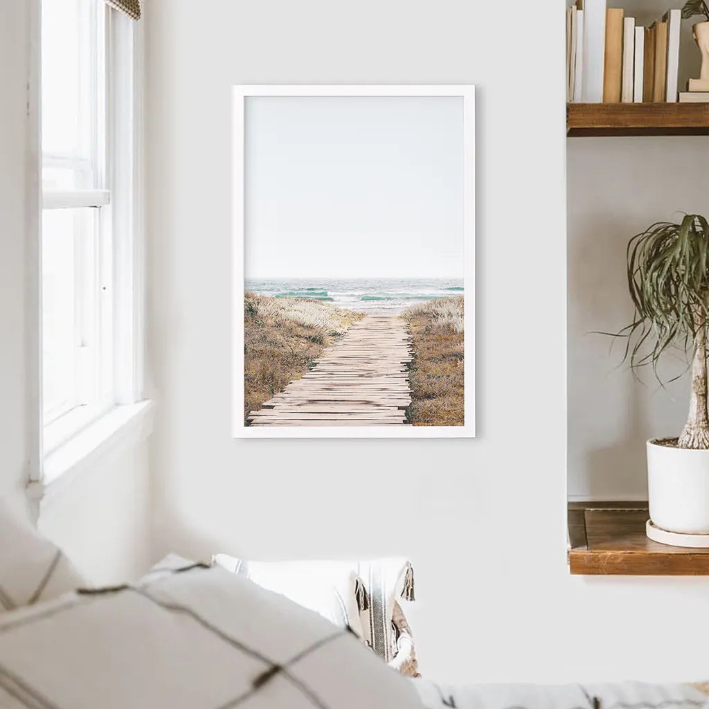 Pastel Beach Pathway Wall Decor. Modern Boho. White Frame