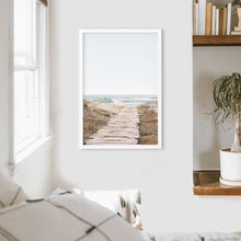 Load image into Gallery viewer, Pastel Beach Pathway Wall Decor. Modern Boho. White Frame
