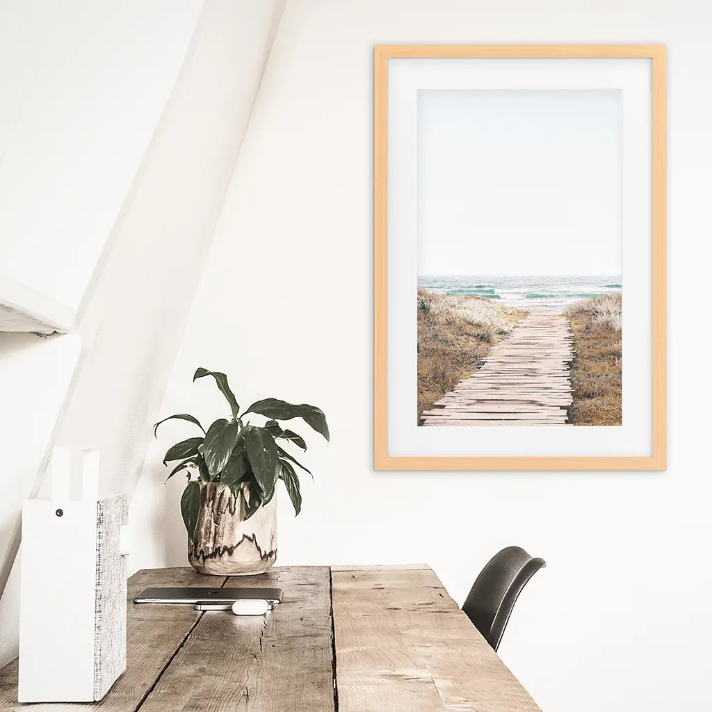 Pastel Beach Pathway Wall Decor. Modern Boho. Wood Frame with Mat