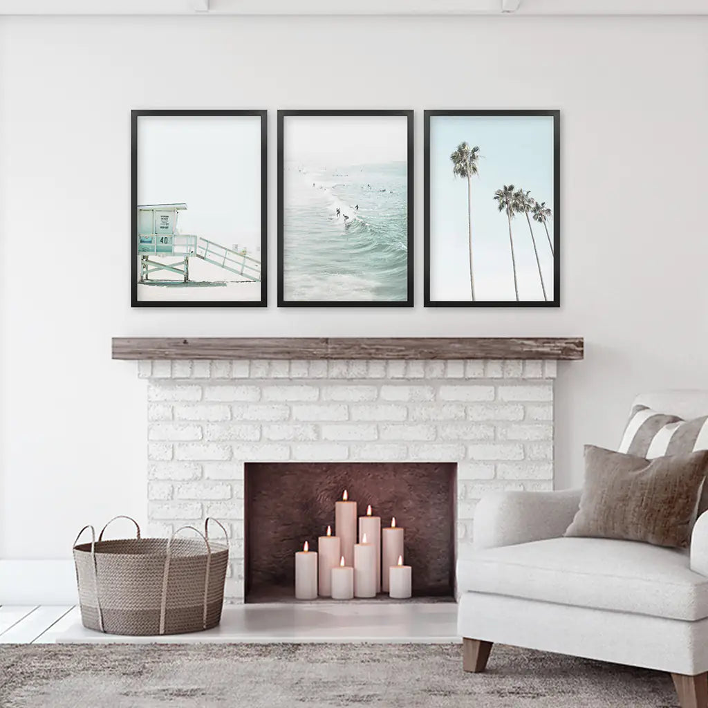 California Coastal Set of 3 Prints. Lifeguard, Surfers, Palms